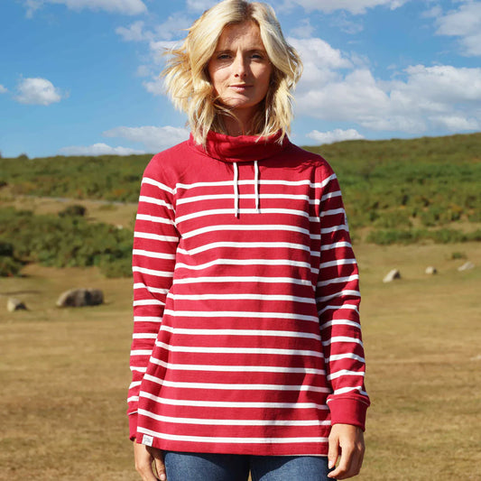 Lazy Jacks Ladies Roll Neck Striped Sweatshirt - Red