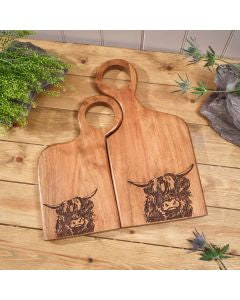 Langs Mr & Mrs Acacia Wood Chopping Board Pair With Engraved Highland Cow Detail