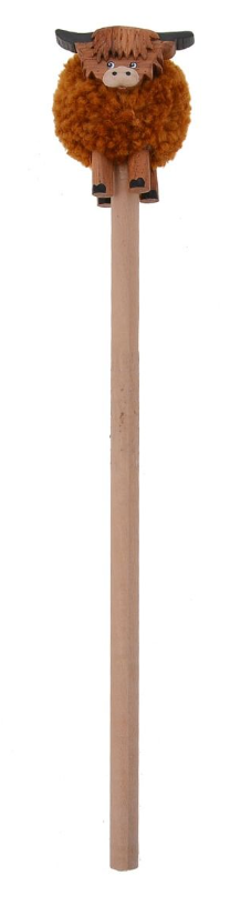 Langs Highland Cow Pom Pom Pencil Wooden With Brown Fleece