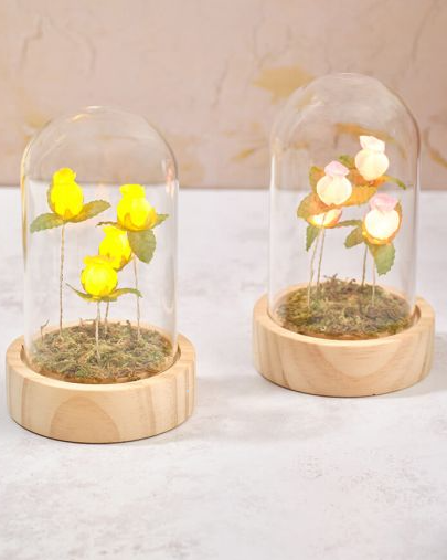 Floral Serenade Glass Dome With 4 Rosebuds LED Ornament Pink Or Yellow