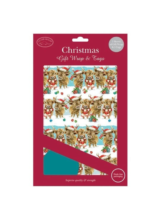 Christmas Wrapping 5 Sheets/ 5 Tags - Highland Cows