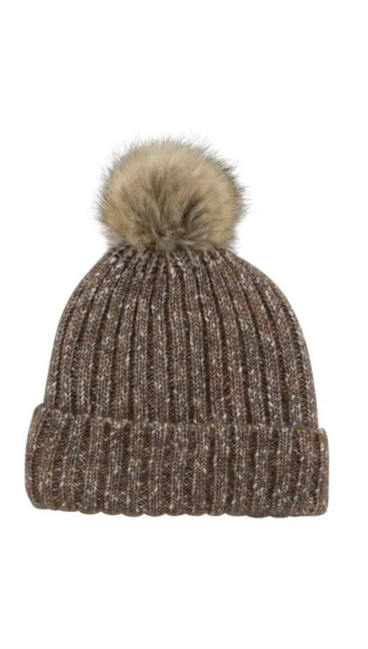 Heritage Recycled Donegal Rib Lined Pom Pom Hat Brown Marl