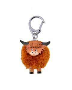 Langs Highland Cow Pom Pom Keyring Wooden With Brown Fleece