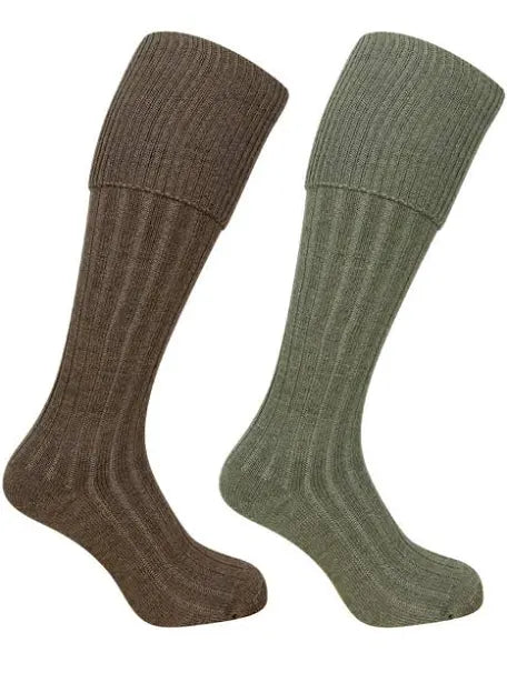 Hoggs Of Fife Plain Turnover Top Stocking Twin Pack Lovat Marl/ Oatmeal