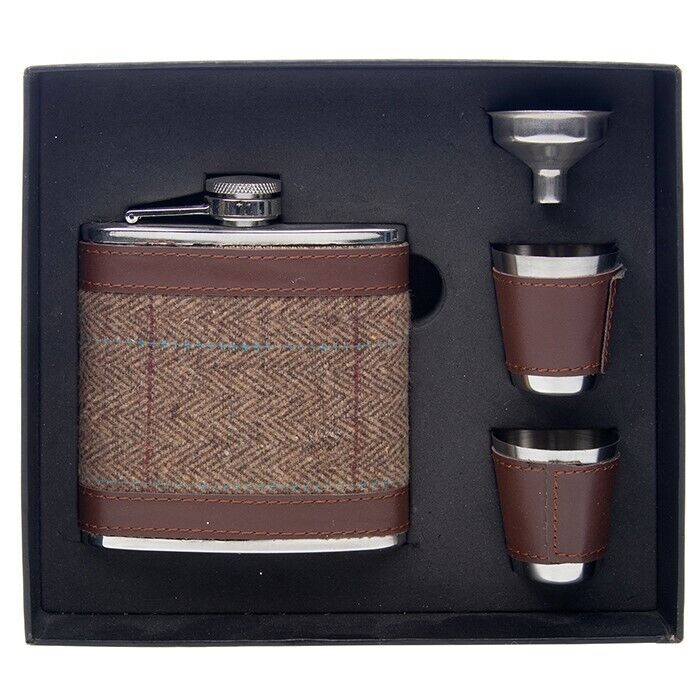 Joe Davis Brown Tweed Hip Flask & 2 Cups Set