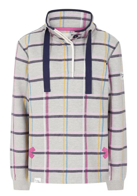 Lazy Jacks Relaxed Fit Button Neck Sweatshirt - Plaid Grey Marle
