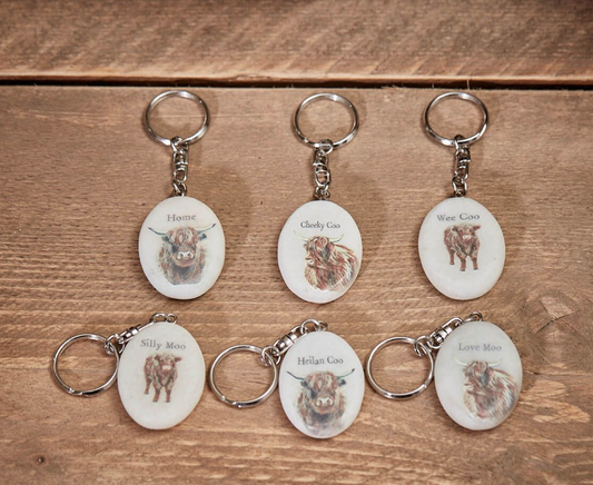 Langs Dougal Highland Cow Oval Keyring Assorted Quotes