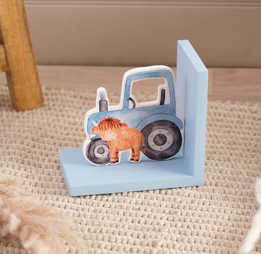 Langs Mini Farm Monty Highland Cow Single Wood Bookend With Tractor