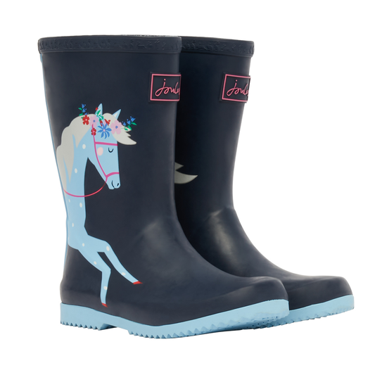Joules Girls Navy Horse Roll Up Wellies