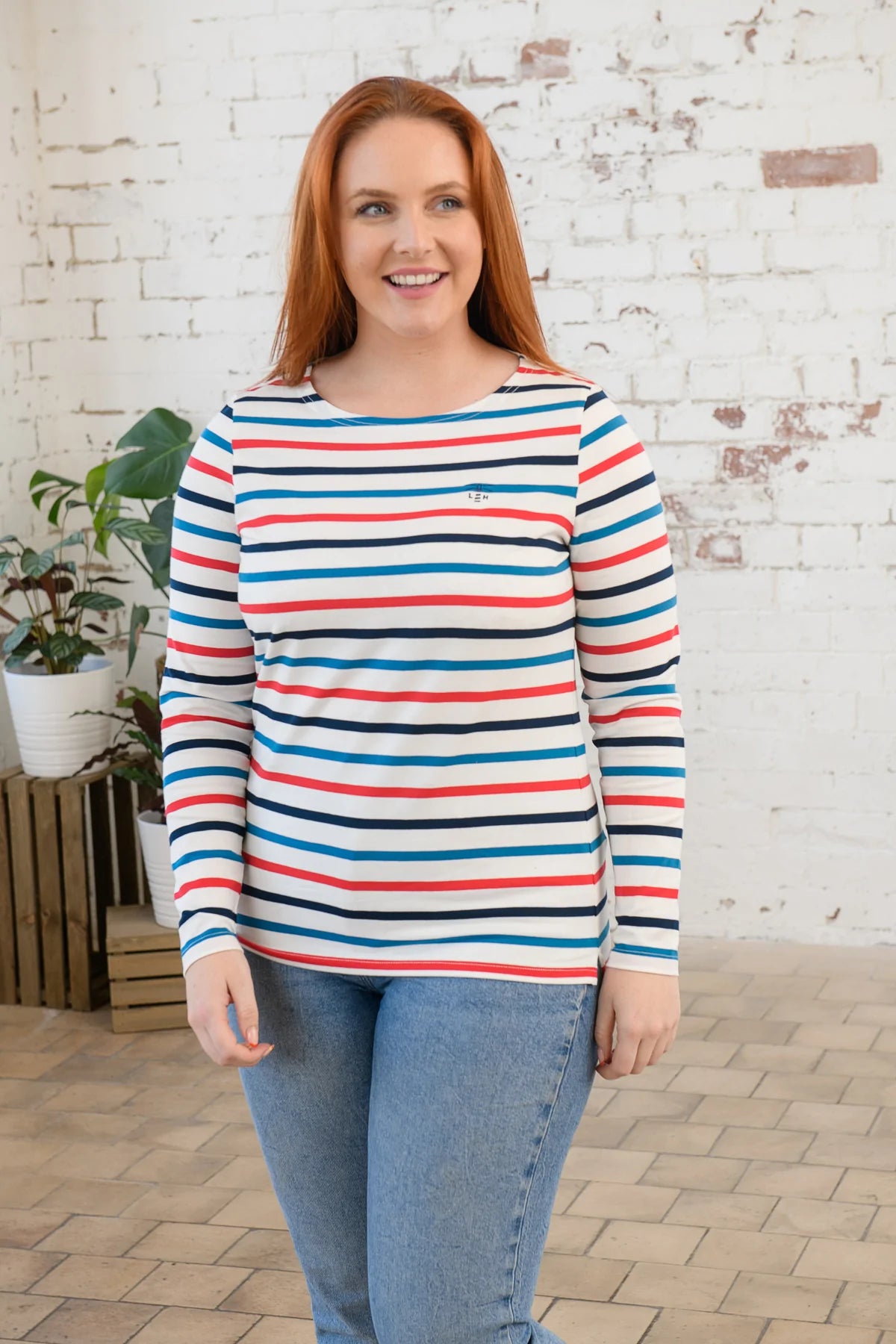 Lighthouse Redcurrant & Teal Stripe Causeway Long Top