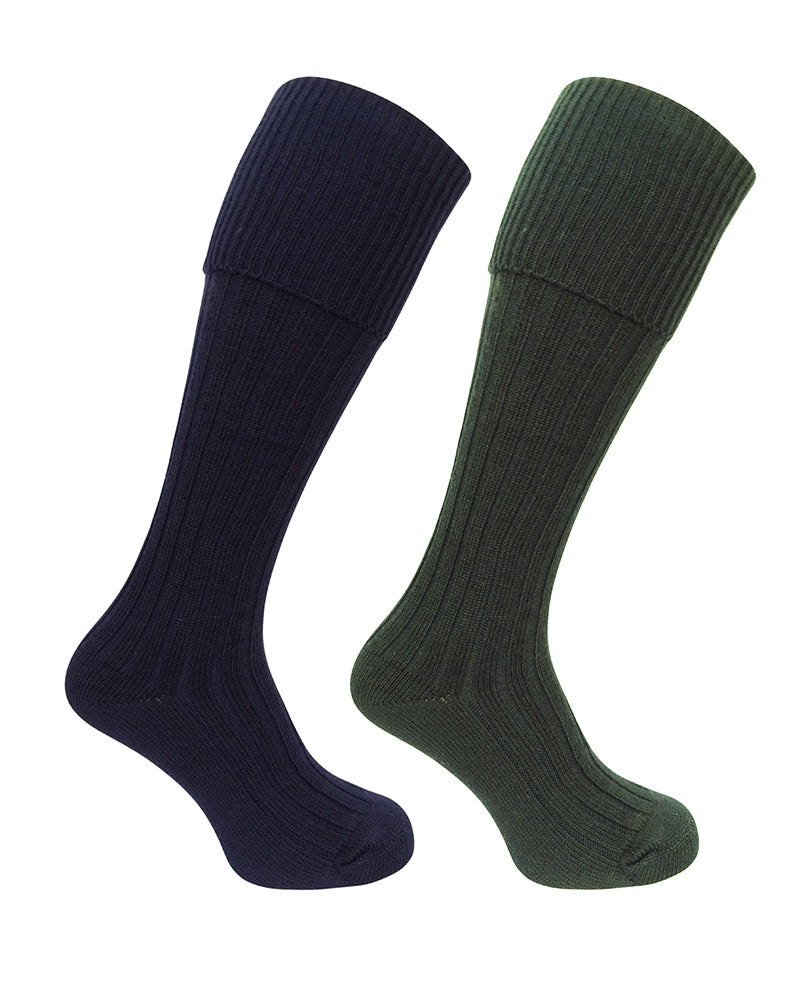 Hoggs Of Fife Dark Olive/Navy Plain Turnover Top Stocking Twin Pack Socks