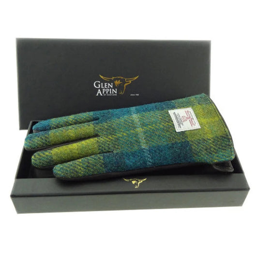 Harris Tweed & Leather Ladies Sea Blue/Green Tweed Gloves - Small